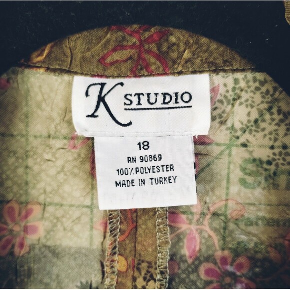 K Studio Blouse Women's 18 Short Sleeve Button Up Open Back Sheer Brown Florals - Picture 8 of 11